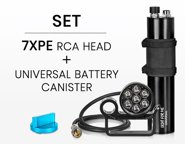 Light For Me dive set made of 7XPE head and Universal Battery Canister